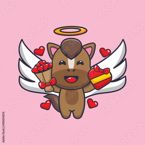 cute horse cupid cartoon character holding love gift and love bouquet