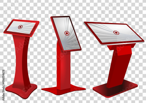 Three red Promotional Interactive Information Kiosk, Advertising Display, Terminal Stand, Touch Screen Display. Mock Up Template