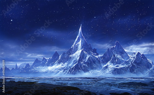 Fantastic Winter Epic Magical Landscape of Mountains. Frozen nature. Glacier in the mountains. Mystic Valley. Artistic oil painting. Artwork sketch. Gaming background. Book Cover and Poster