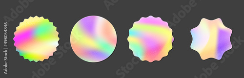 Holographic iridescent foil sticker realistic mockups with texture. Authenticity metal emblem or official holography label. Vector neon guarantee certification metallic icon. Quality badge template
