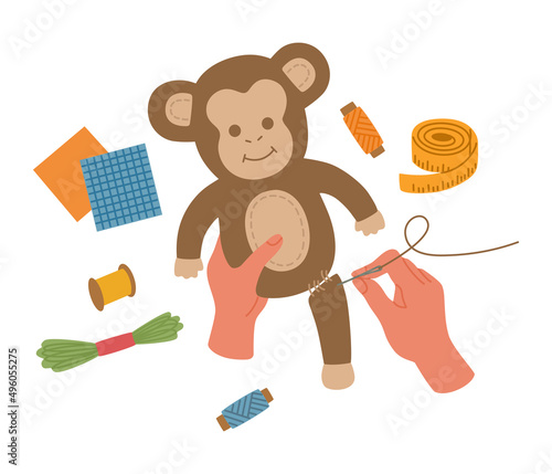Soft toy sewing process. Hands holding a needle and thread and handmade tools. Creative workshop for child. Colorful vector illustration isolated on white background. Hand drawn flat cartoon style.