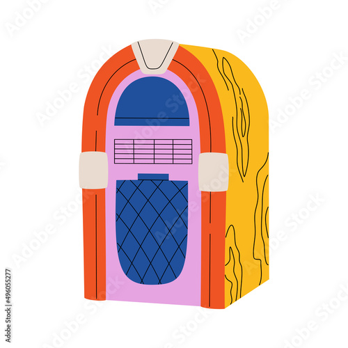 Retro jukebox. Coin operated musical device, for listening music or dancing. Hand drawn colorful vector illustration isolated on white background in modern trendy flat cartoon style.