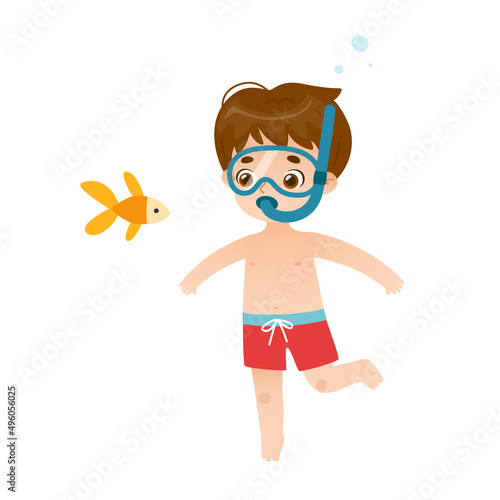 Cartoon boy dives with a mask and looks at a goldfish. Cute child are snorkeling.