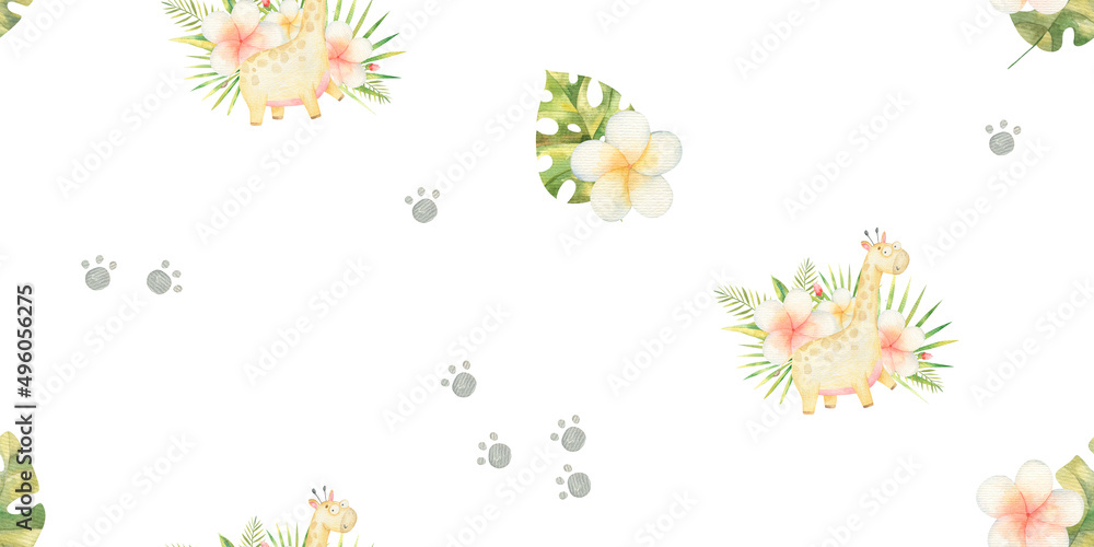 Fototapeta premium seamless pattern with giraffe, safari, cute childish watercolor illustration, print, design
