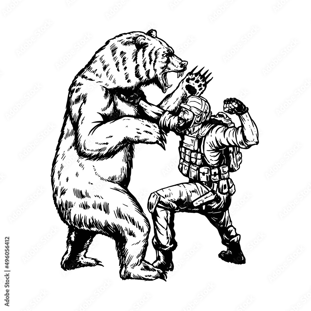 Fototapeta premium military soldier fighting with big angry bear, vector, logo, cartoon, mascot, character