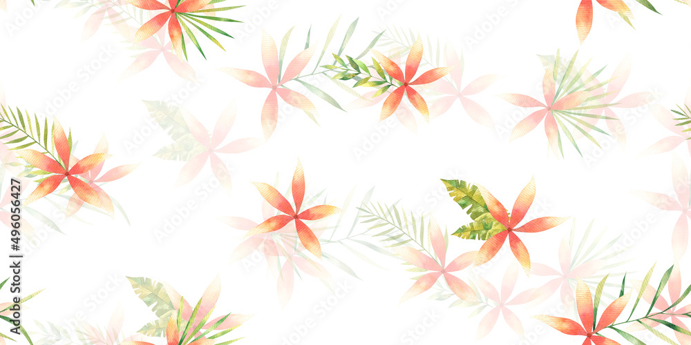 seamless pattern with tropical red flowers and leaves, cute watercolor illustration isolated on white background, design, print