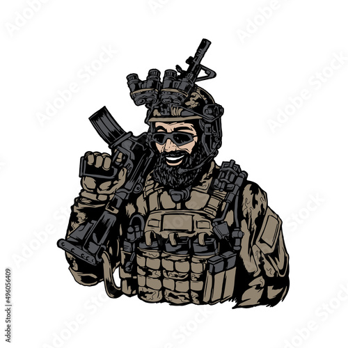 military soldier smiles and holds weapon, vector, logo, cartoon, mascot, character photo