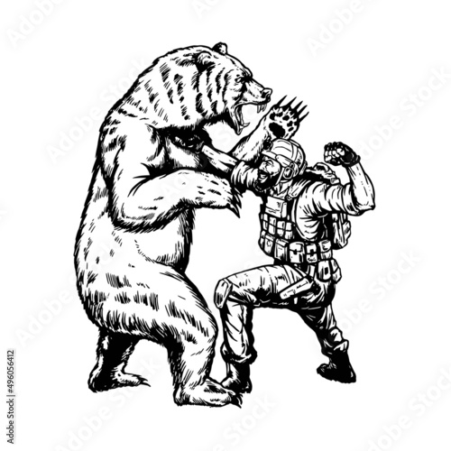 military soldier fighting with big angry bear, vector, logo, cartoon, mascot, character