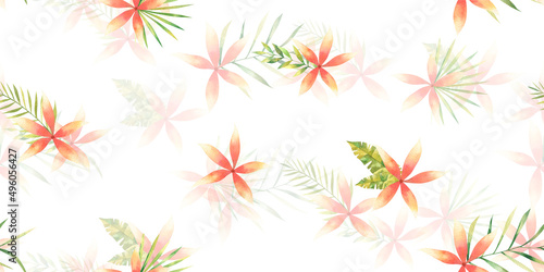 seamless pattern with tropical red flowers and leaves, cute watercolor illustration isolated on white background, design, print