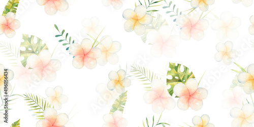 seamless pattern with tropical white flowers and leaves  cute watercolor illustration on white background  design  print