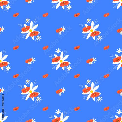 Poppies seamless pattern on blue background. Red poppies and white daisies vector art on blue background for decoration and print.