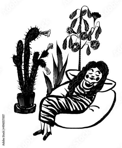drawing picture young girl relaxing in bean bag chair in home garden with potted flowers, in blooming, sketch, hand drawn comic vector illustration