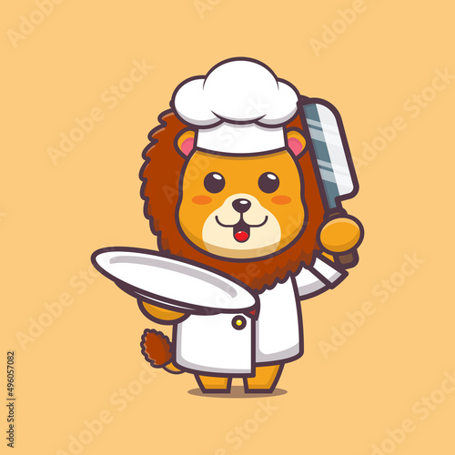 cute lion chef mascot cartoon character with knife and plate