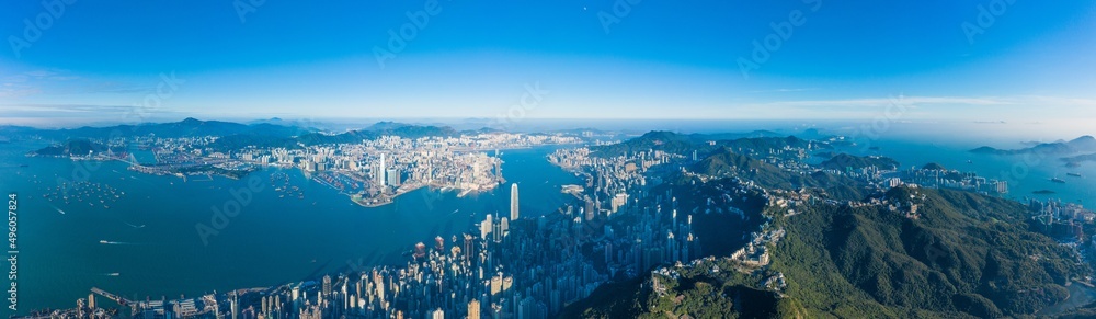 Panorama of Hong Kong Island from the peak, commercial center downtown surrounded by mountains