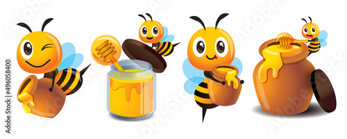 Fototapeta Naklejka Na Ścianę i Meble -  Cartoon cute bee mascot set. Cartoon cute bee with honey pot set. Cute bee carries honey pot and organic honey bottle. Character illustration