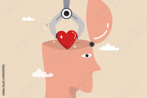 Emotional intelligence ability to understanding emotions and control self positive way, balance between heart and brain, reason and emotion concept, machine put positive heart shape into human brain.