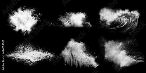 Big breaking ocean waves isolated on black background. Water splashes. Black and white illustration