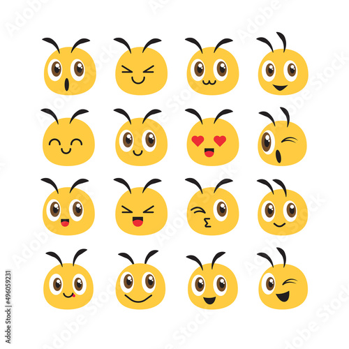 Flat deisgn cartoon cute bee head emoji set for farm or healthy natural food avatar. Bee profile emoji set