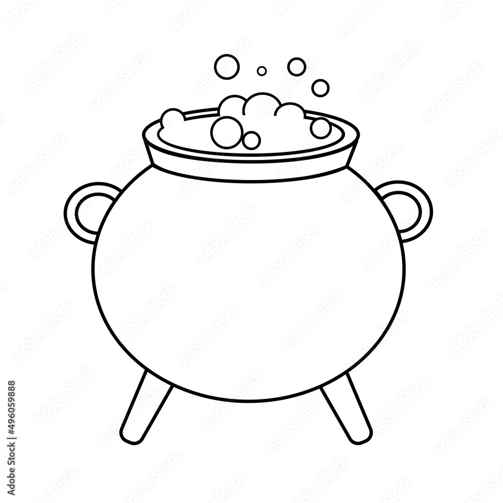 Contour black-and-white drawing of a witch's cauldron with boiling potion. Vector illustration. Coloring page. Contour black-and-white drawing of a witch's cauldron with boiling potion. Vector illustration. Coloring page.
