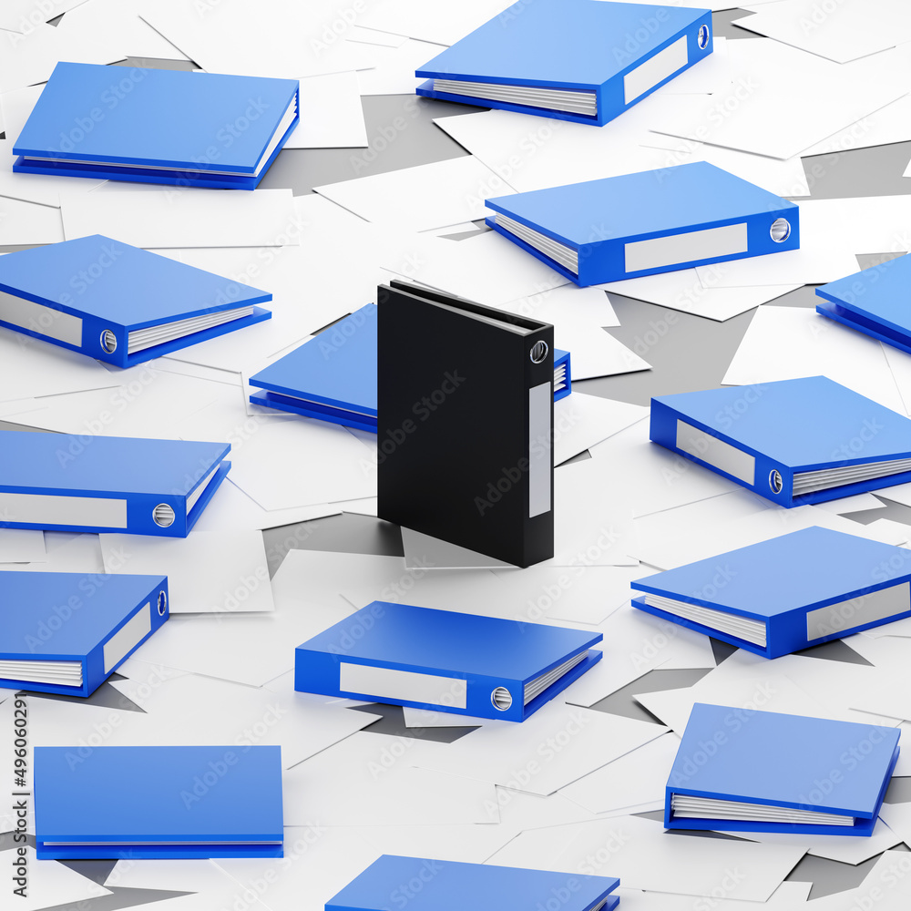Black folder. An important folder with files and documents stands among other documents. Sort work by color. Deadline. Illustration in cartoon style. 3d render, isolate. Black folder. An important folder with files and documents stands among other documents. Sort work by color. Deadline. Illustration in cartoon style. 3d render, isolate.