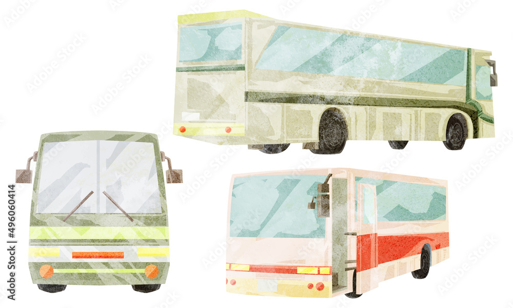バス3種手描き水彩風イラスト - obrazy, fototapety, plakaty 