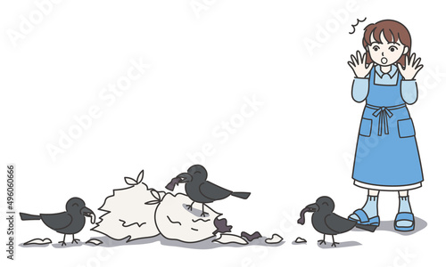 ゴミ袋を破っているカラスを見つけて驚いているエプロン姿の女性A【カラー／壁なし】