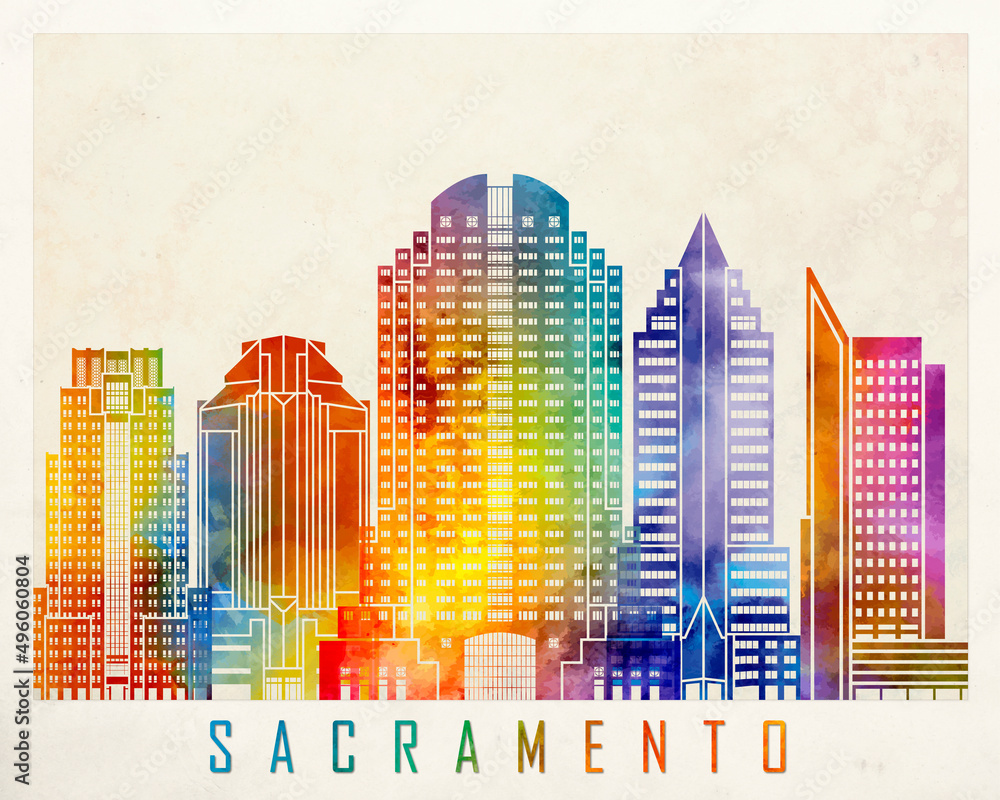Sacramento landmarks watercolor poster