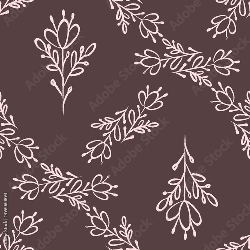 Ethnic seamless pattern with soft pink flowers in doodle style. Ornate drawing with elements of nature on dark purple-gray background. Vector botanical illustration. Design for fabric, wrapping paper