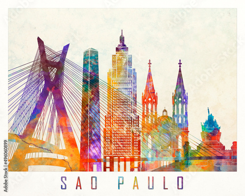 Sao Paulo landmarks watercolor poster