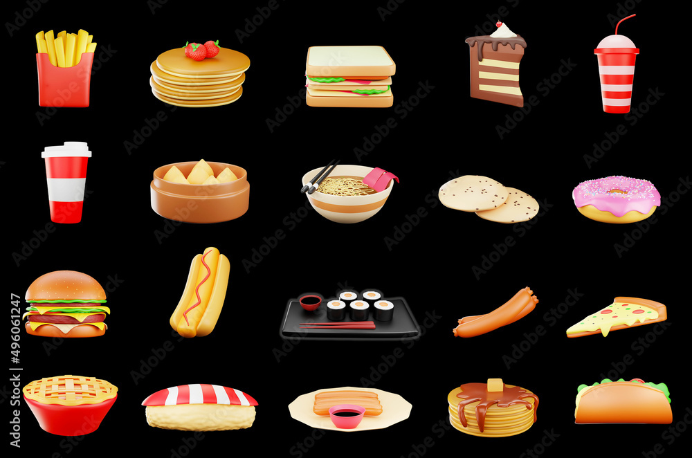 3D Delicious Food And Drink Icon Set Against Black Background. 3D Delicious Food And Drink Icon Set Against Black Background.