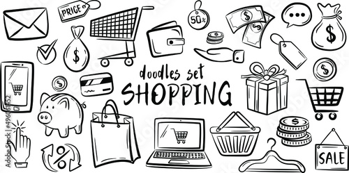 Shopping retail sale and discount doodle set isolated vector illustration isolated on white background