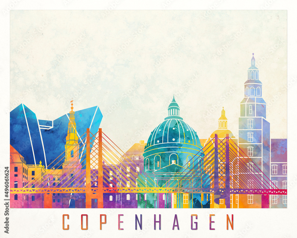 Copenhagen landmarks watercolor poster