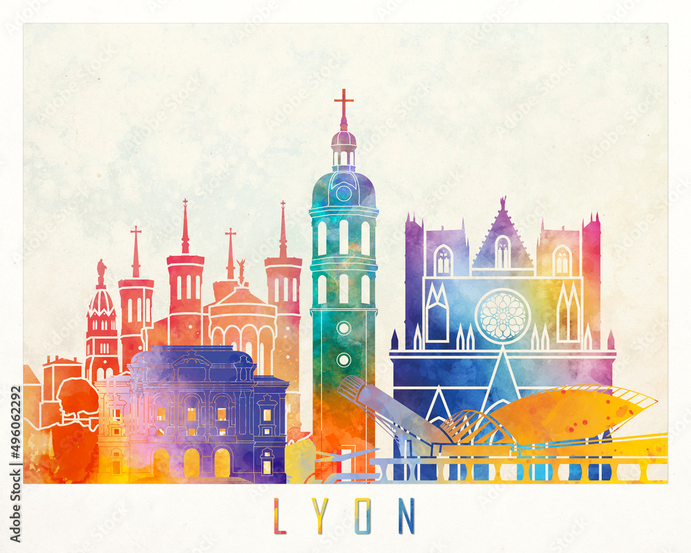 Lyon landmarks watercolor poster