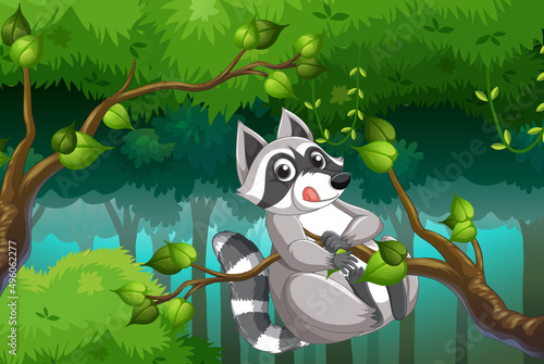 Raccoon climbing tree in forest