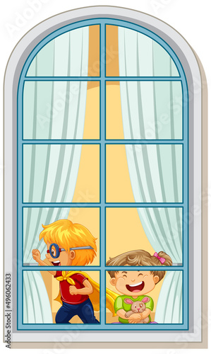 View through the window of children playing