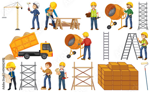 Construction worker set with man and tools