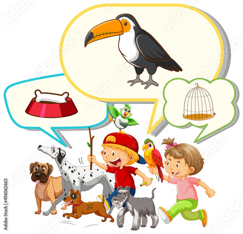 Speech bubble with boys andpets