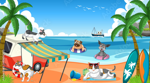 A group of different pet do various activities on the beach