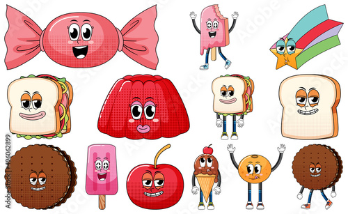 Set of facial expression with vintage style food cartoon on white background