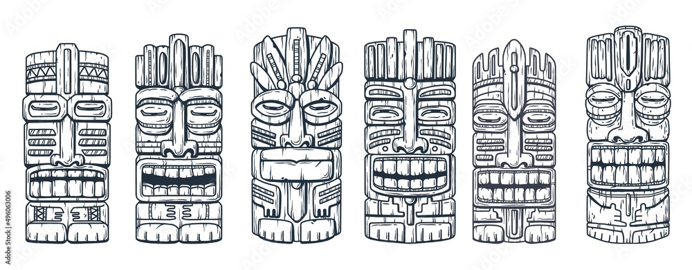 Tiki mask for hawaii surfing bar. Traditional ethnic idol set of maori or polynesian. Tribal totem - obrazy, fototapety, plakaty 
