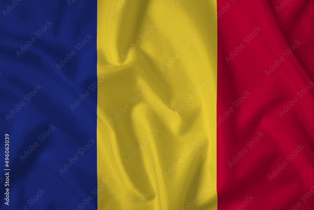 Obraz premium Romania flag with fabric texture. Close up shot, background