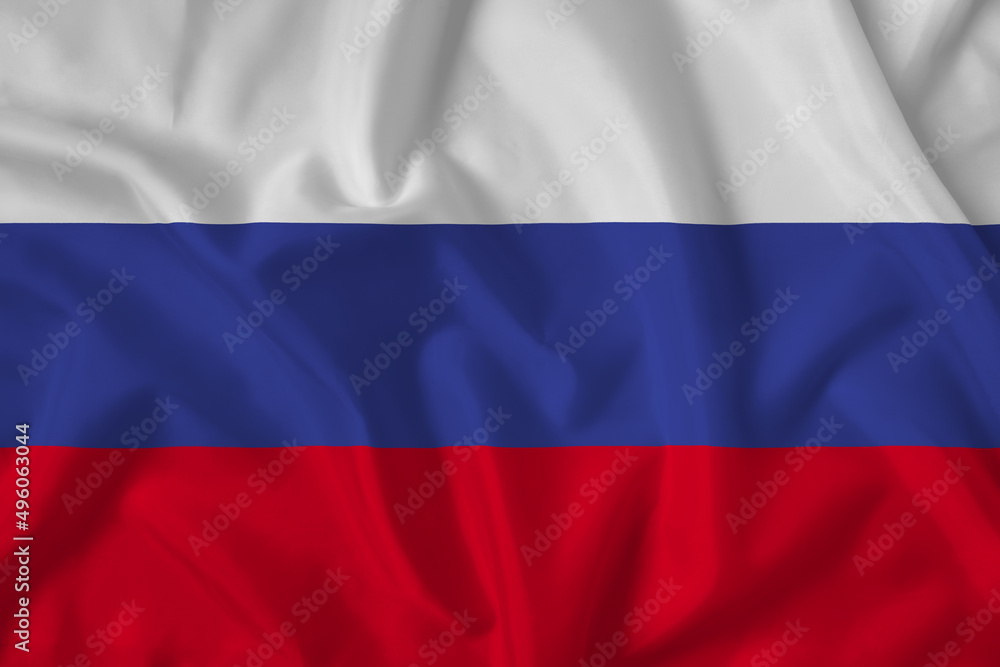 Russia flag with fabric texture. Close up shot, background