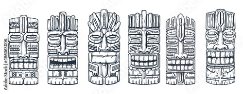 Tiki mask for hawaii surfing bar. Traditional ethnic idol set of maori or polynesian. Tribal totem
