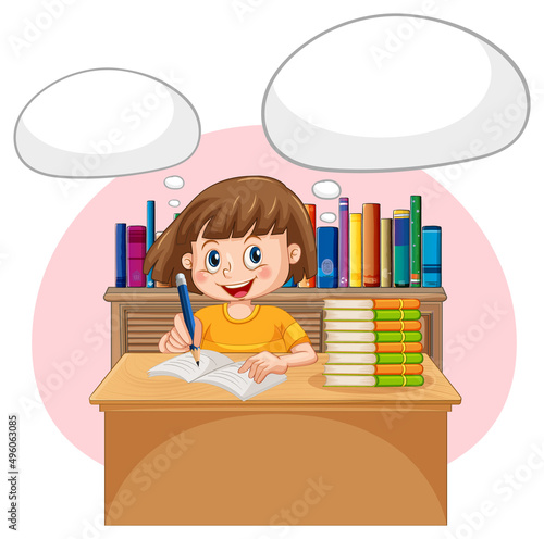 A kid doing homework with speech bubble in the library