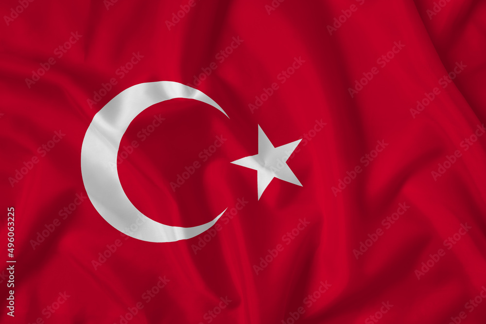 Turkey flag with fabric texture. Close up shot, background