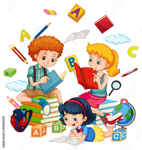 Children reading books on white background