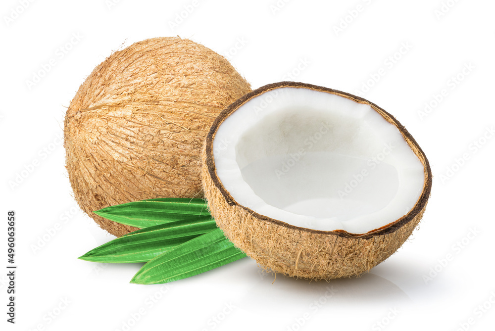 Brown coconut with coconut juice isolated on white background. Brown coconut with coconut juice isolated on white background.