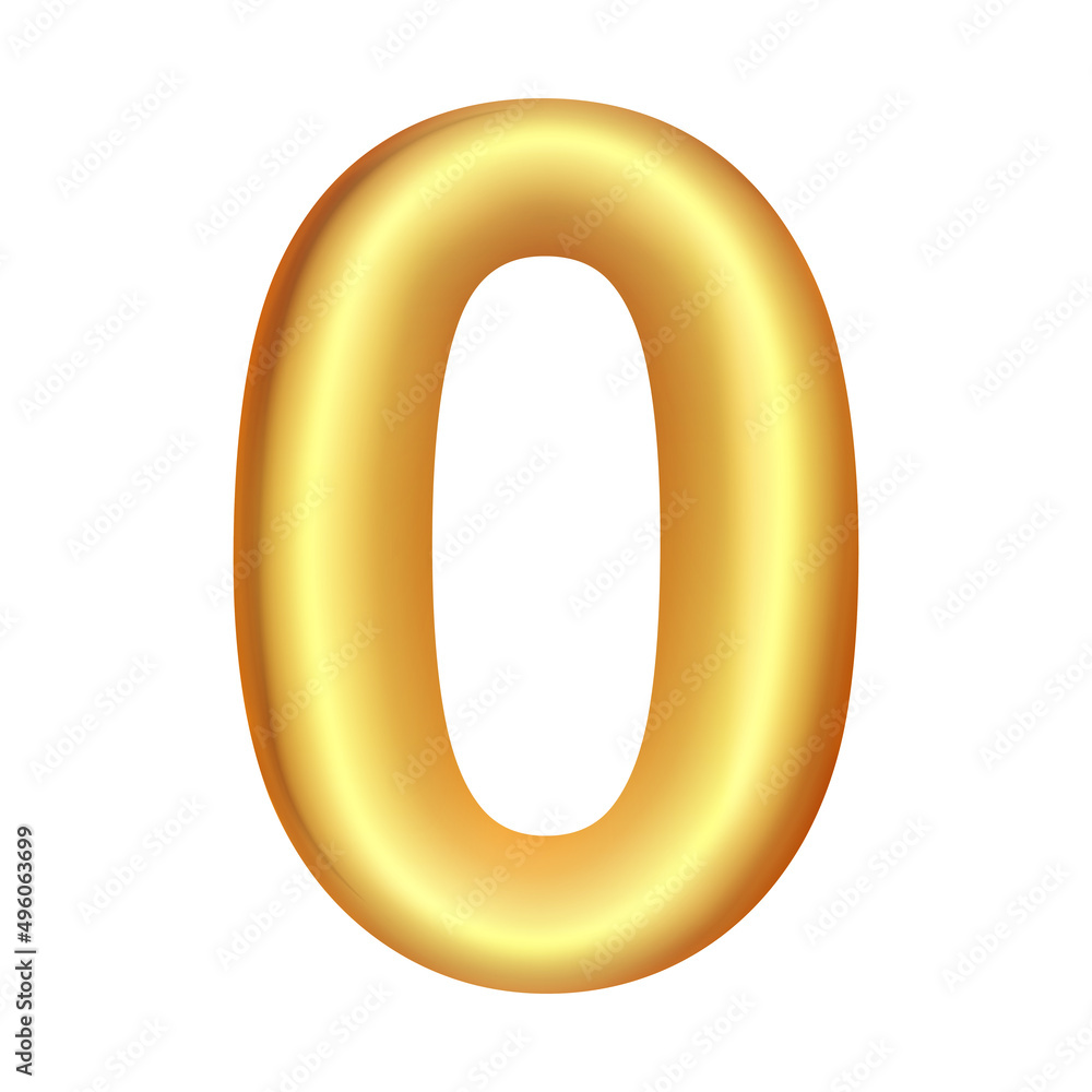 Glitering golden number 0, zero. 3D vector font isolated on white background. Anniversary numeral metallic gold shape, greeting inflatable figure. Celebration concept. Invitation mock up Glitering golden number 0, zero. 3D vector font isolated on white background. Anniversary numeral metallic gold shape, greeting inflatable figure. Celebration concept. Invitation mock up
