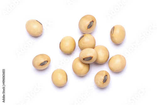 Soybeans isolated on white background. Top view. Flat lay. Macro.