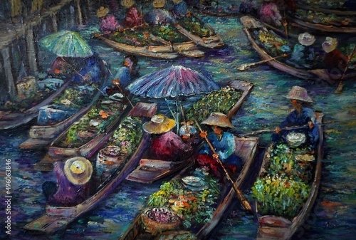 Hand drawn Art painting Oil color Floating market   rural life   rural thailand